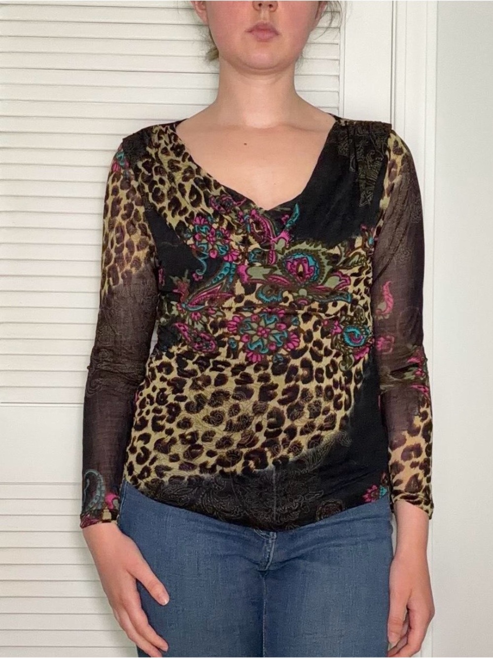 Vintage 2000s silk leopard floral print blouse